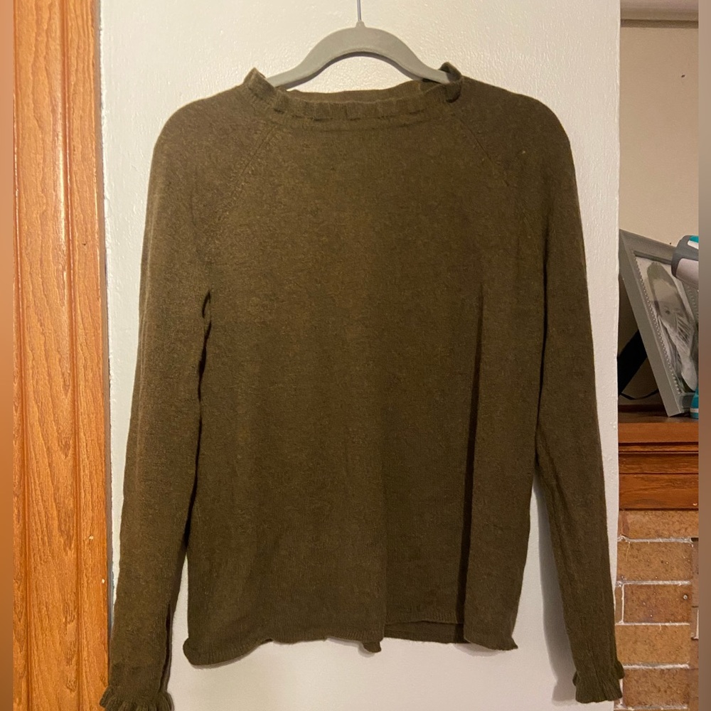 Garnet Hill Olive Crewneck Sweater with Ruffle Trim